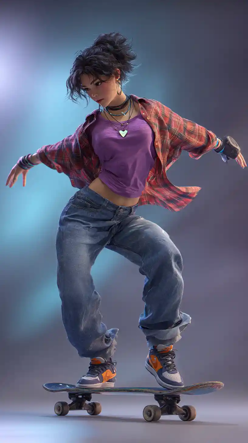 Young woman skateboarding in dynamic low angle view