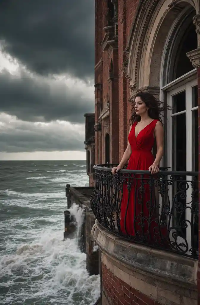 Woman in red dress on balcony above stormy ocean