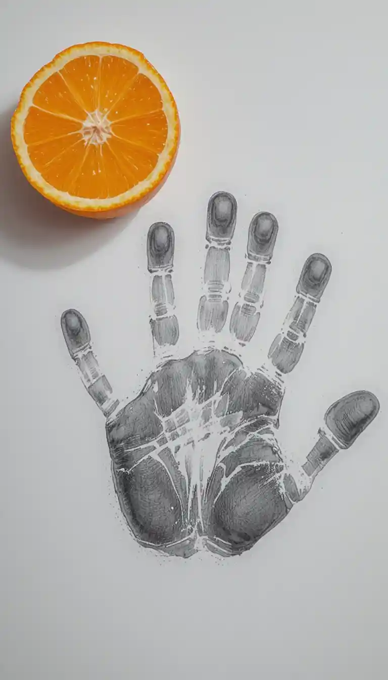 Bright orange slice with gray handprint on white background