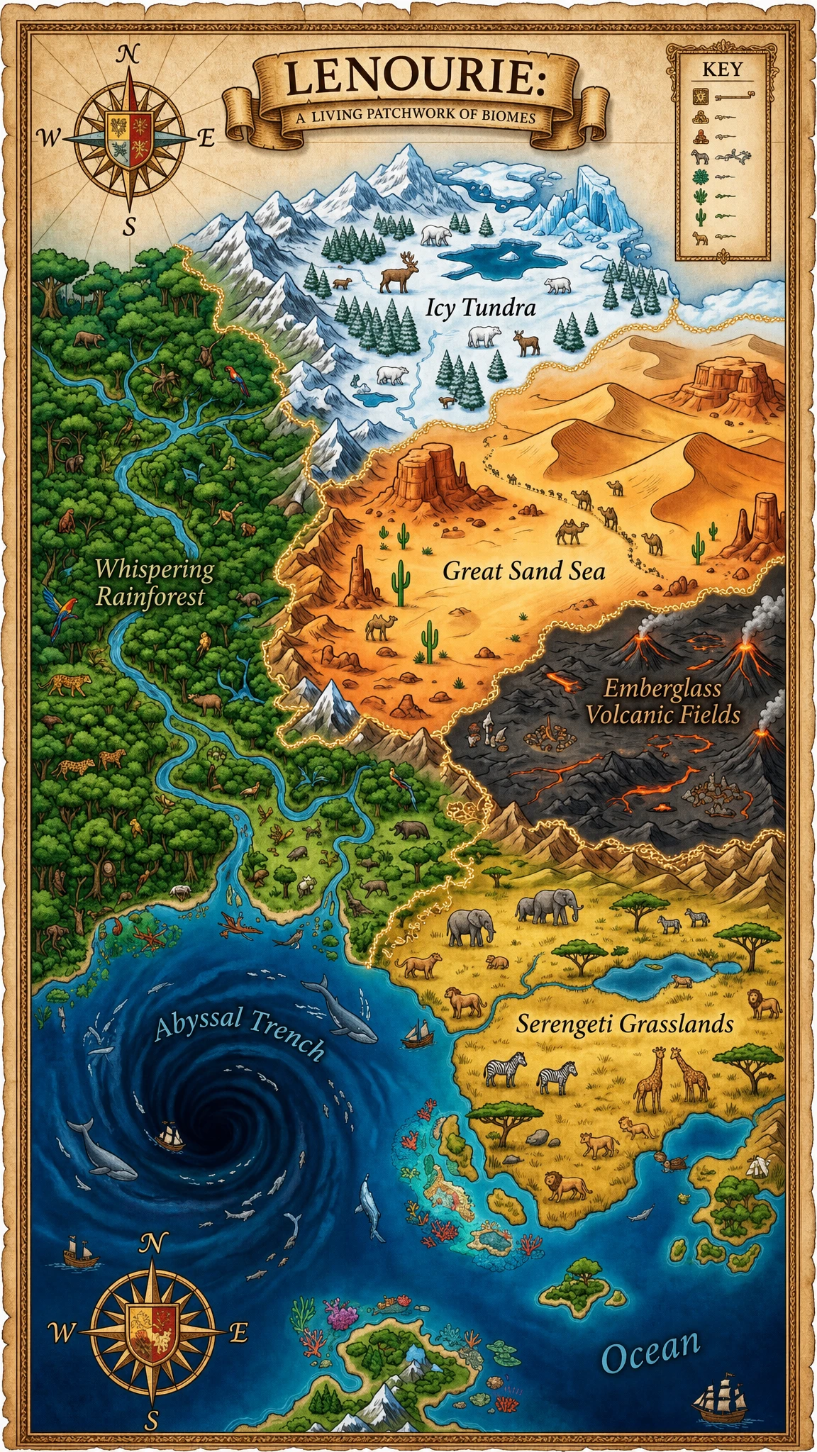 Fantasy world map of diverse biomes from above