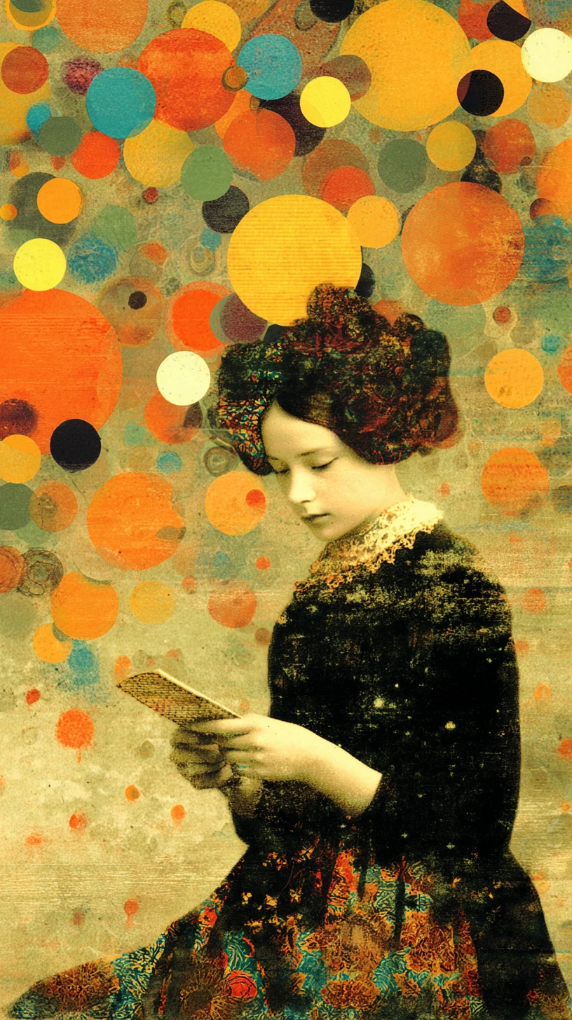 Colorful risograph style abstract print with bokeh dots background