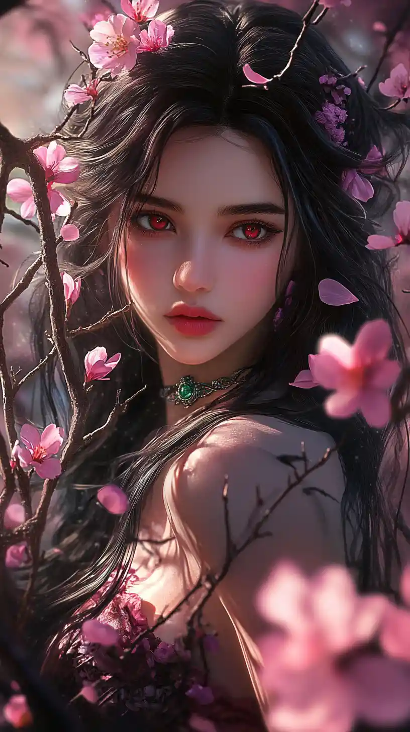 Fantasy woman amid cherry blossoms in anime portrait