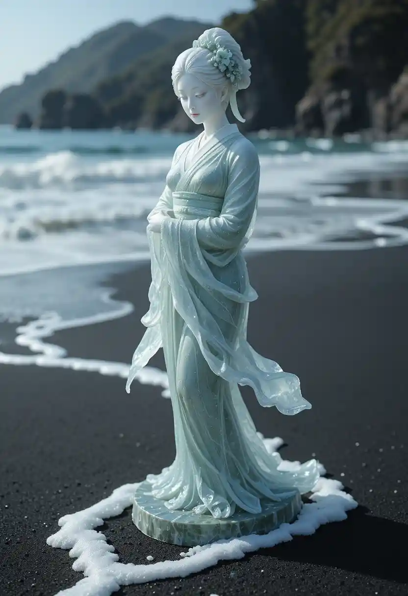 Serene glass geisha statue by the black sand shoreline