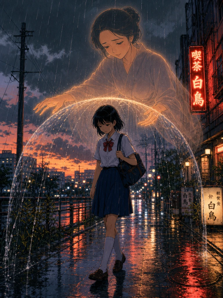光り輝く母なる霊の下、雨の中を歩く女子学生