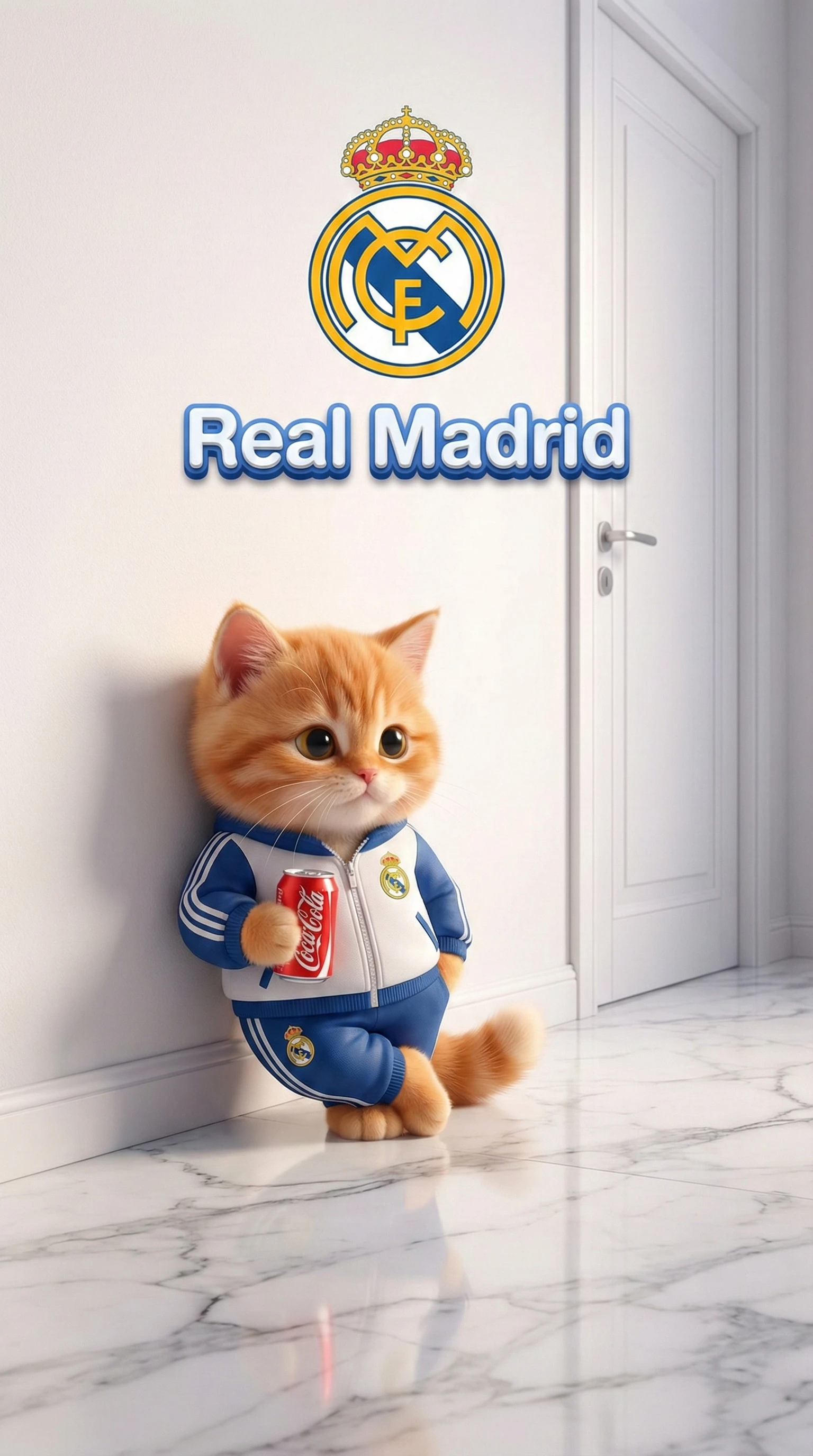 Cute orange kitten in Real Madrid tracksuit with soda can