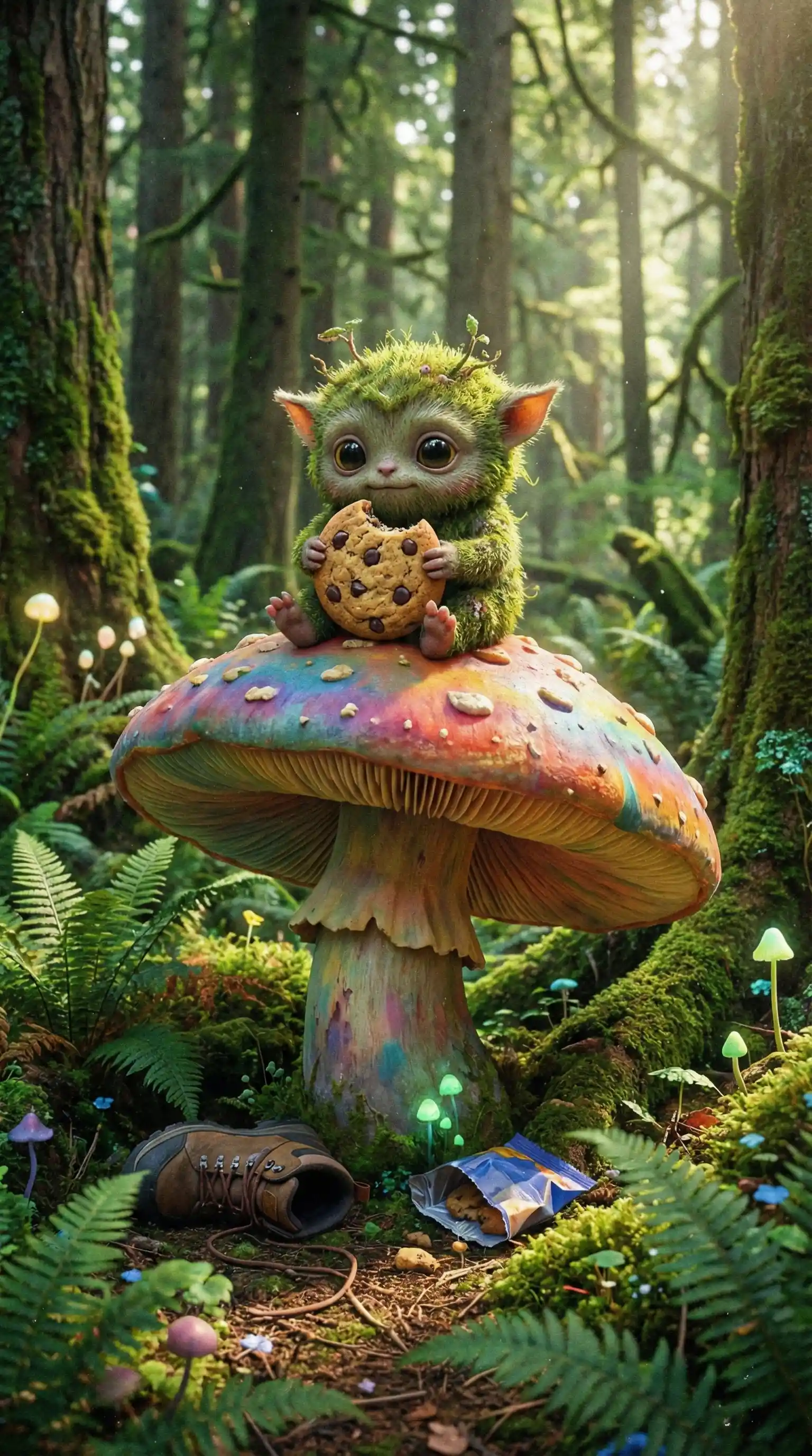 Tiny fantasy creature on a giant mushroom in forest