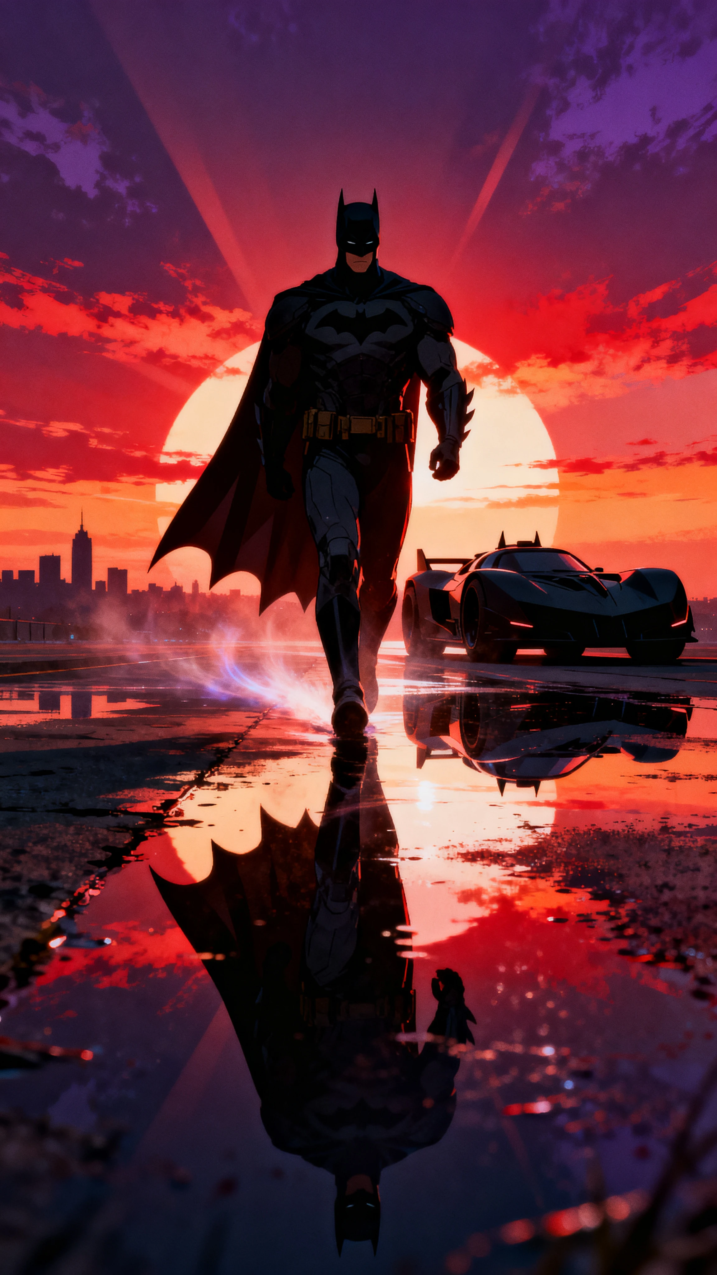 Silhouetted superhero walking toward viewer at fiery city sunset