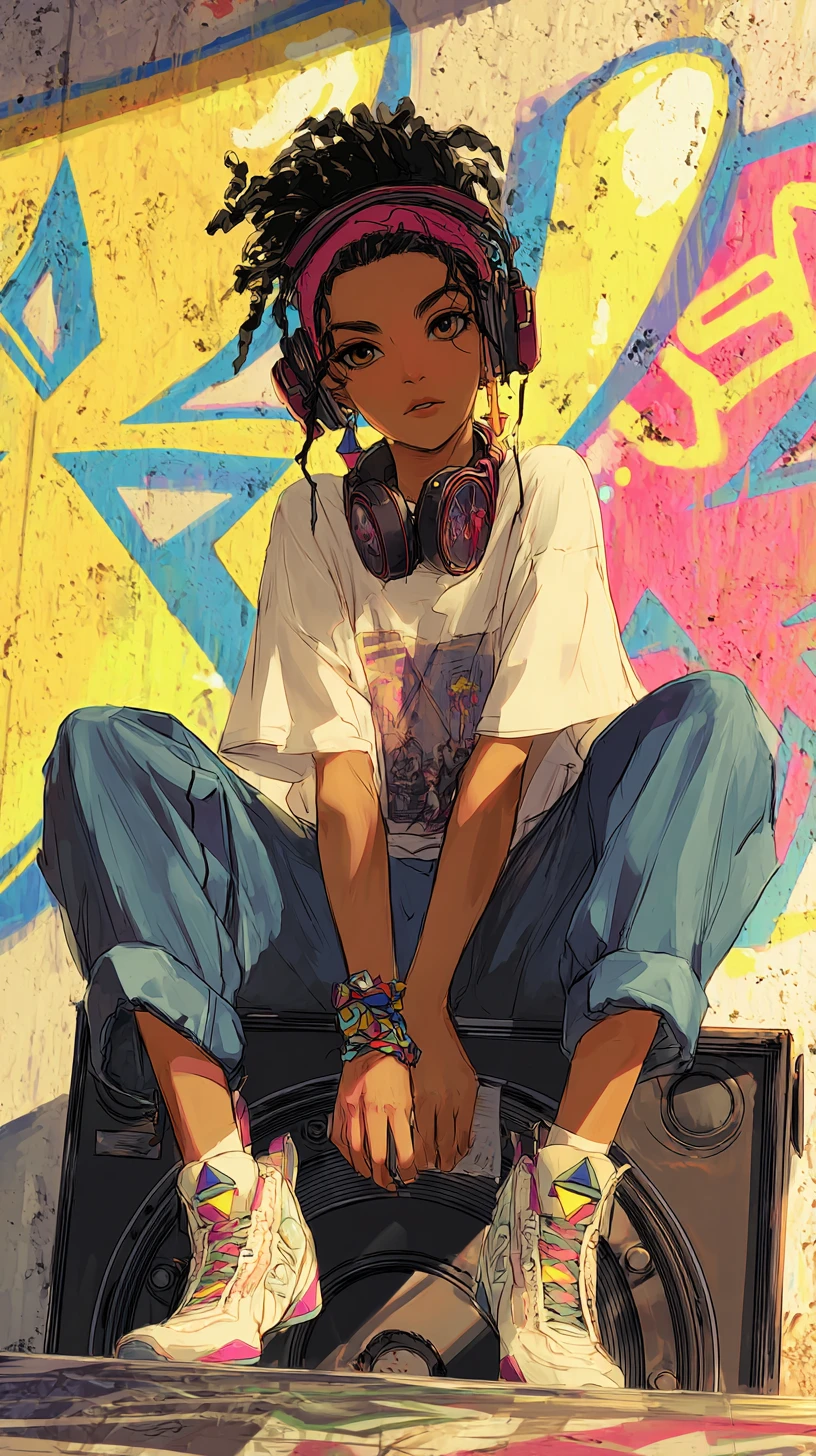 Confident anime girl on speaker against colorful graffiti wall