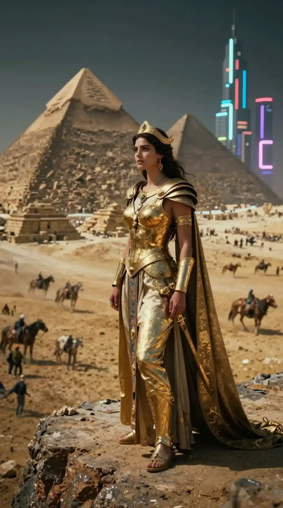 Mythic warrior queen on cliff above neon lit battlefield
