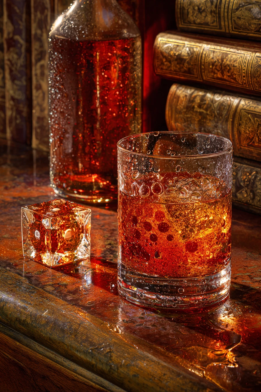 Sparkling soda and scotch glasses on a wooden bar