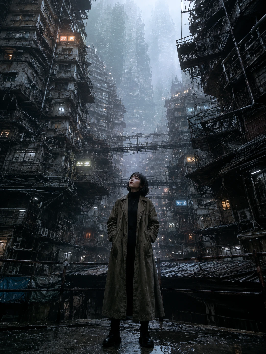 Young woman in trench coat framed by towering city blocks