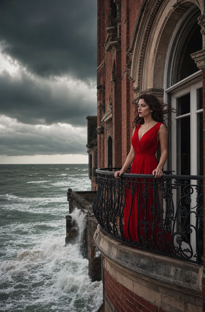 Mulher de vestido vermelho em varanda sobre oceano tempestuoso