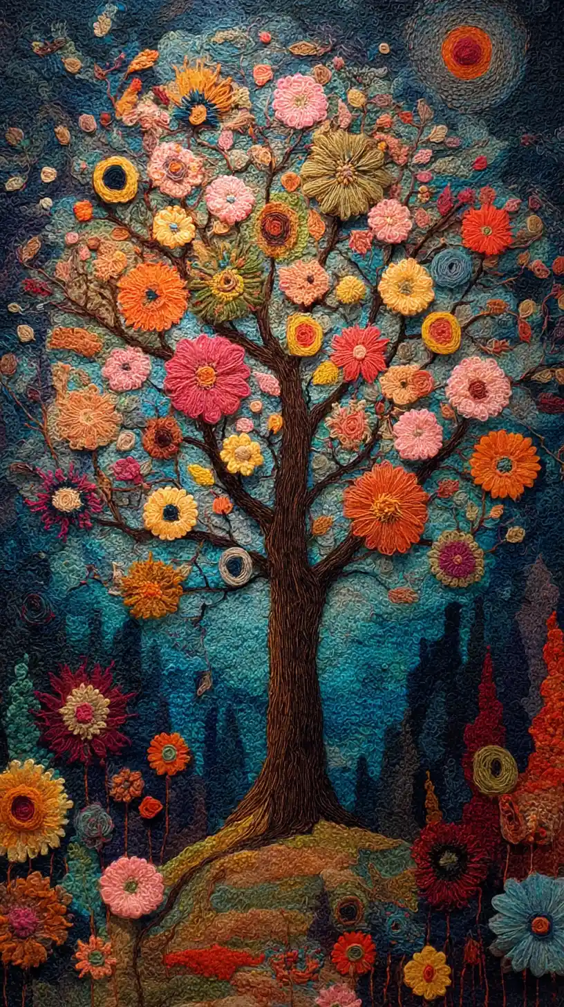 Needle felted blossoms on a tree in an enchanted forest