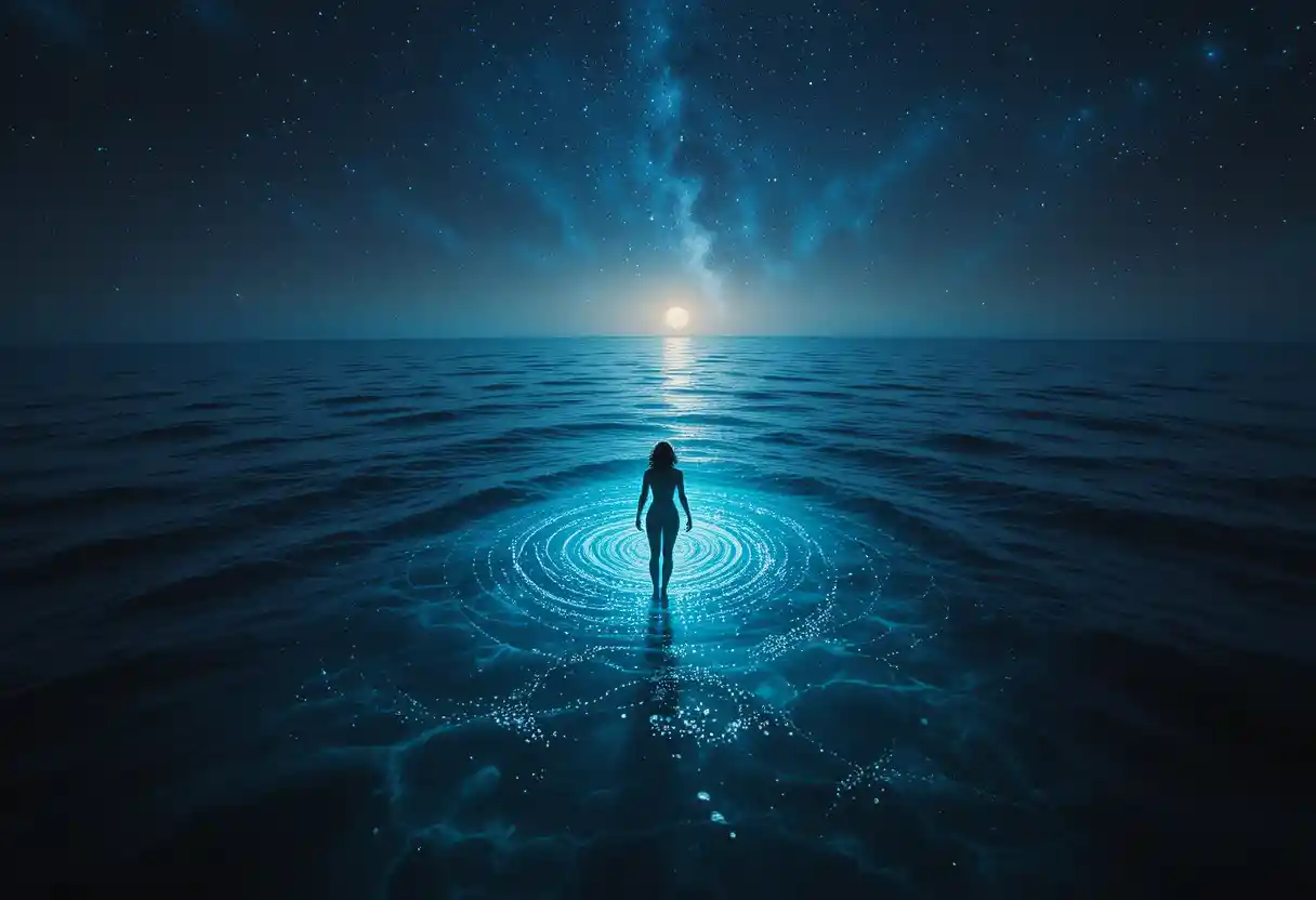 Solitary figure gliding over a glowing night ocean