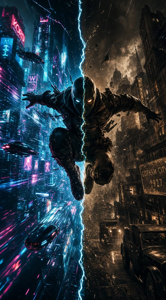 Vigilante Leaping Through A Fractured Neon And Noir City