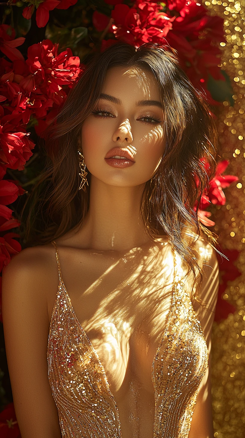 Arabian fashion model in golden dress before red floral wall
