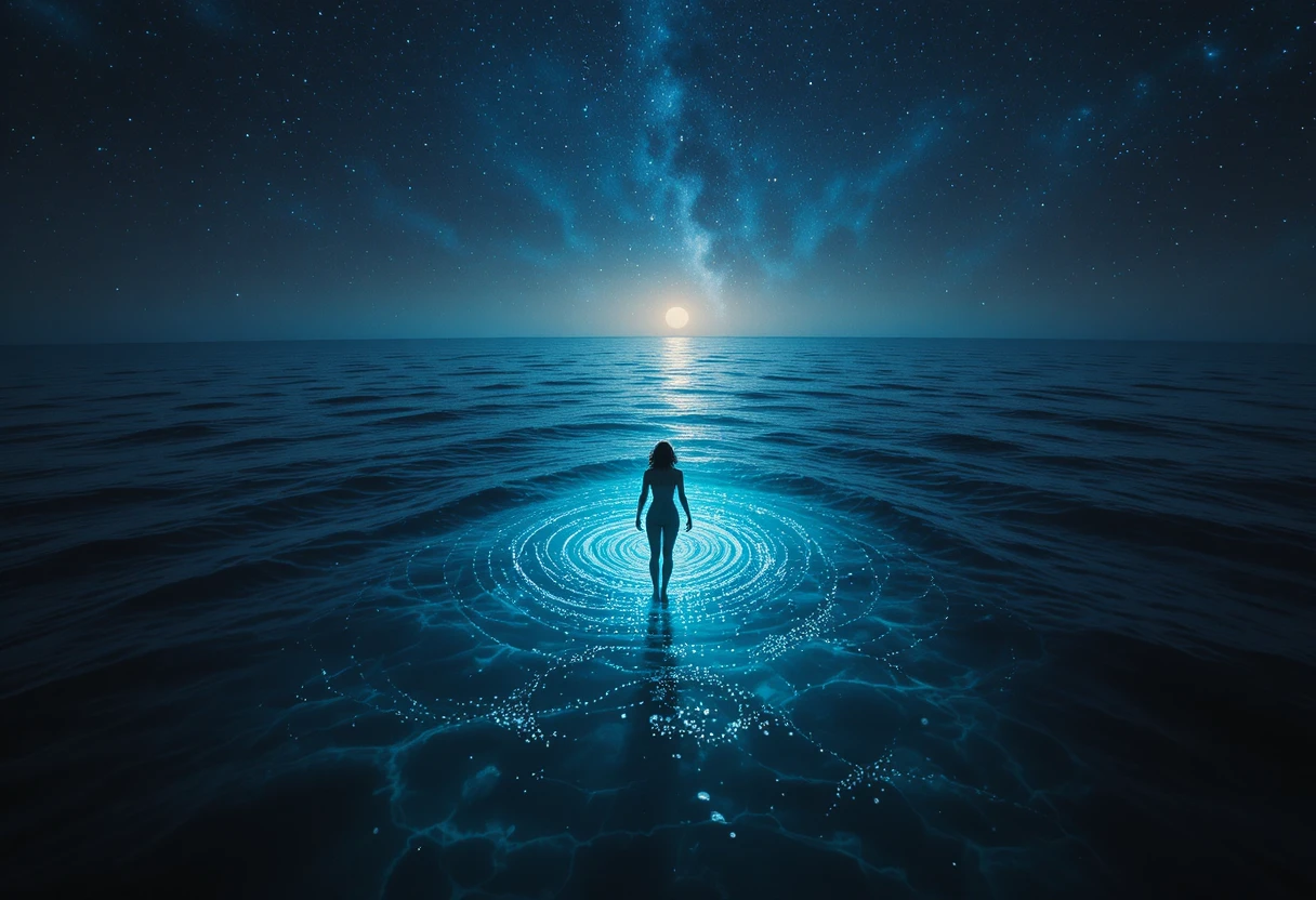 Solitary figure gliding over a glowing night ocean