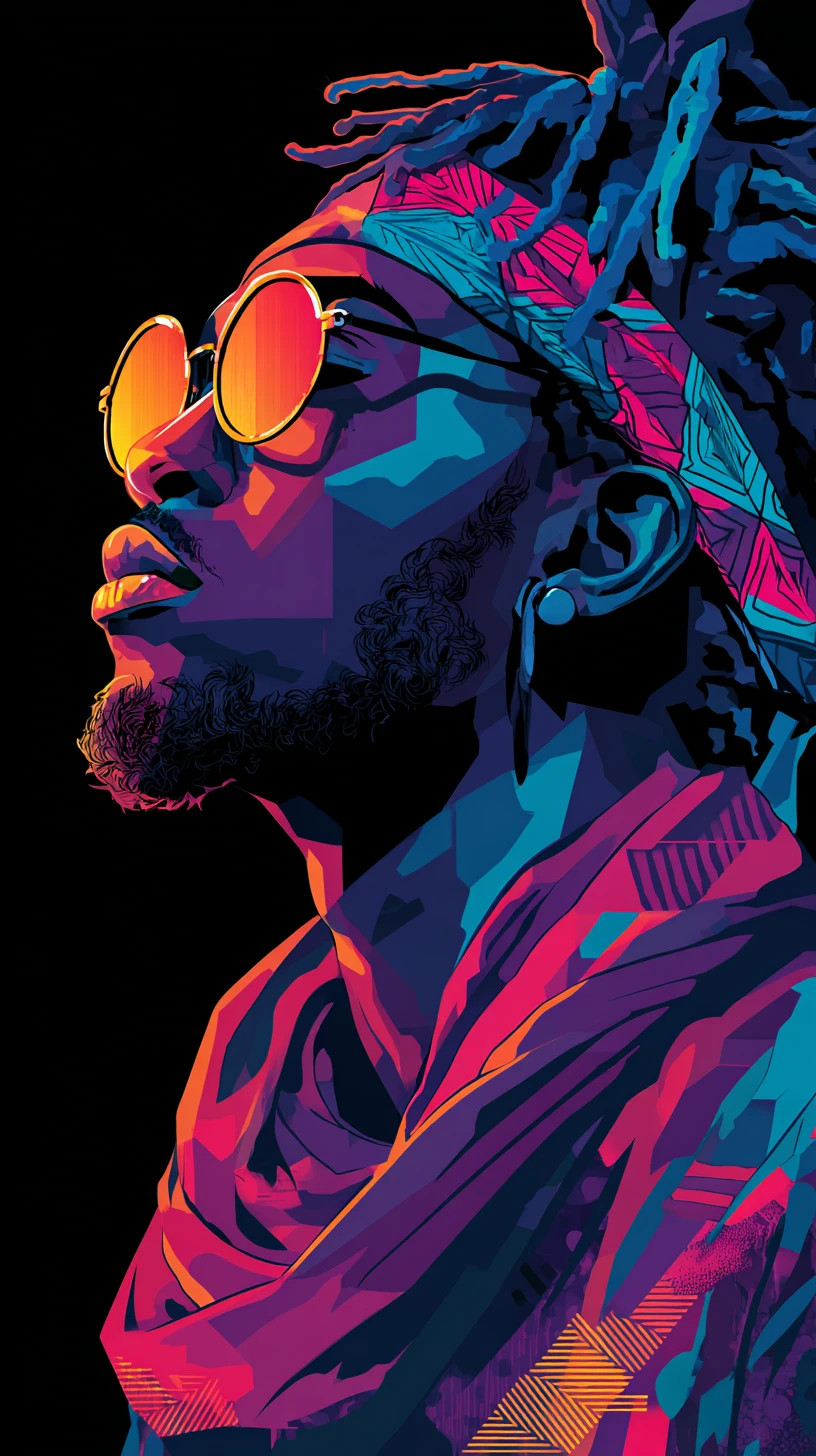 Neon profile portrait of a person in colorful bandana