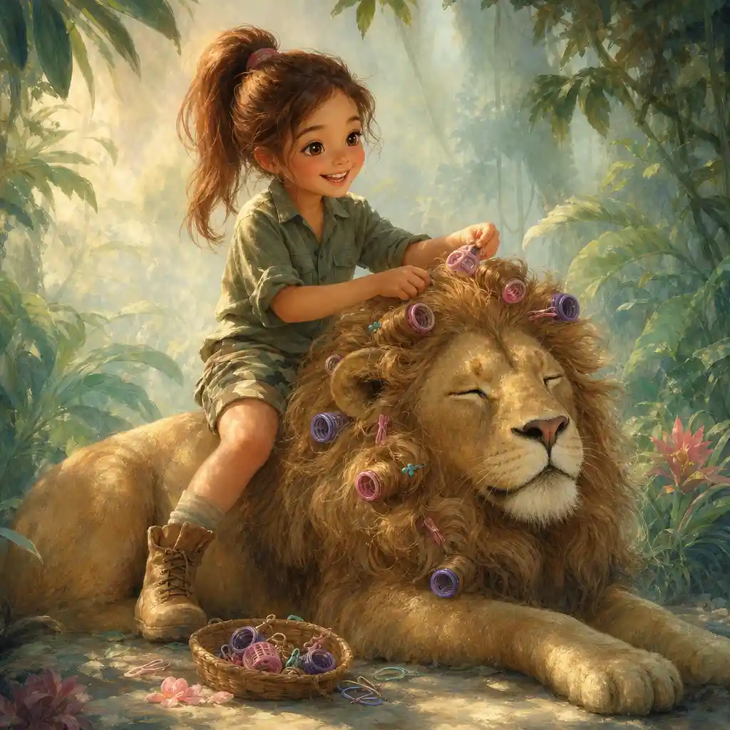 Girl curling a lion mane in a dreamy jungle scene