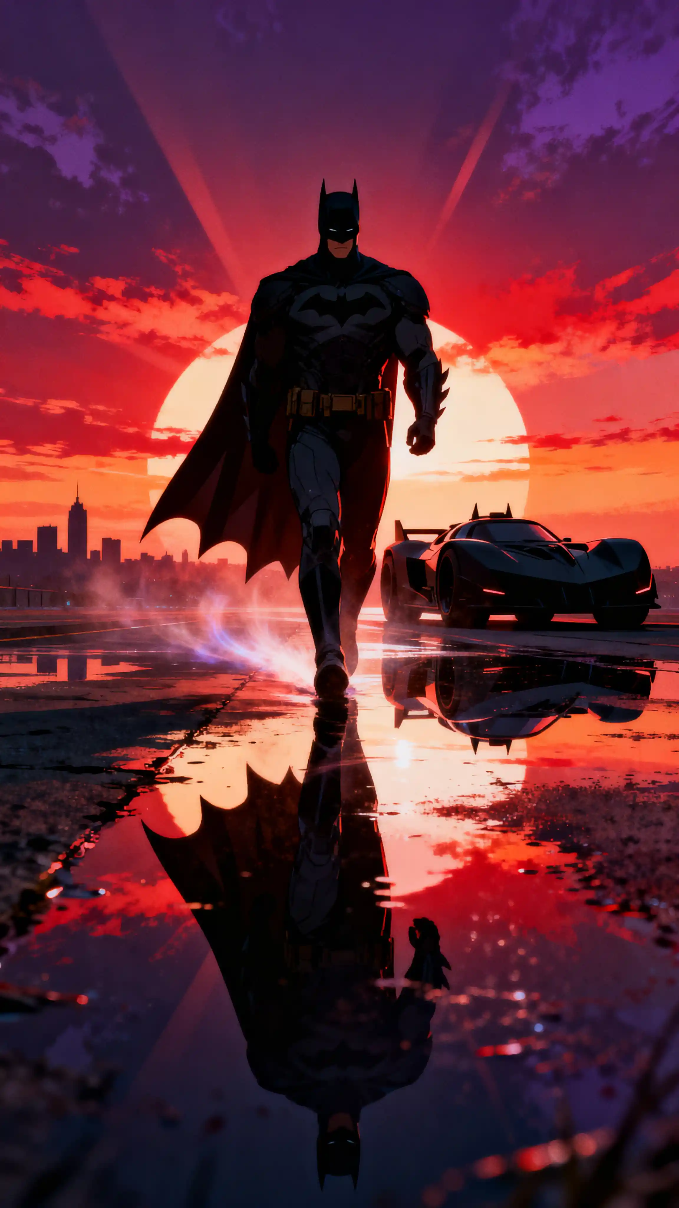 Silhouetted superhero walking toward viewer at fiery city sunset