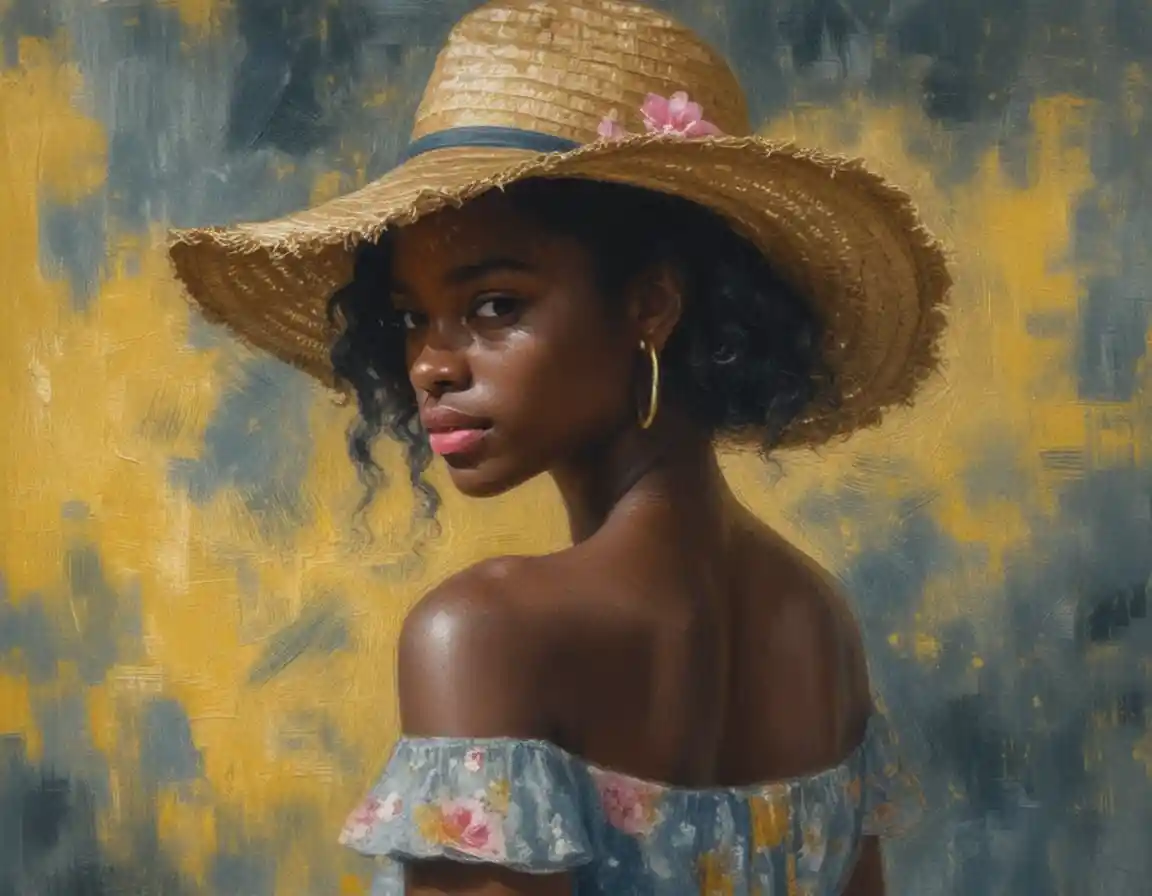 Young woman in straw hat turning back over her shoulder