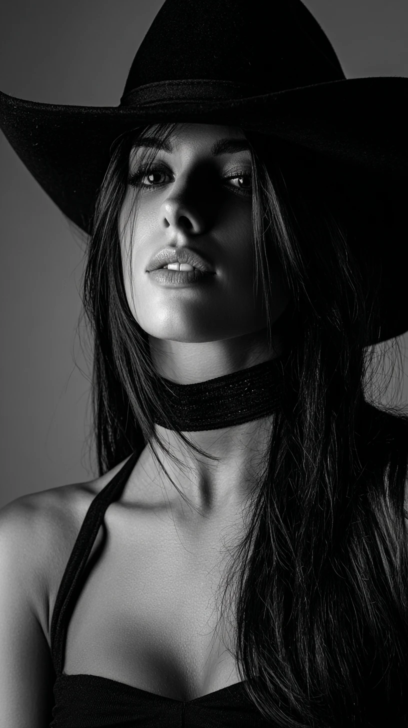 Black and white studio portrait of woman in cowboy hat