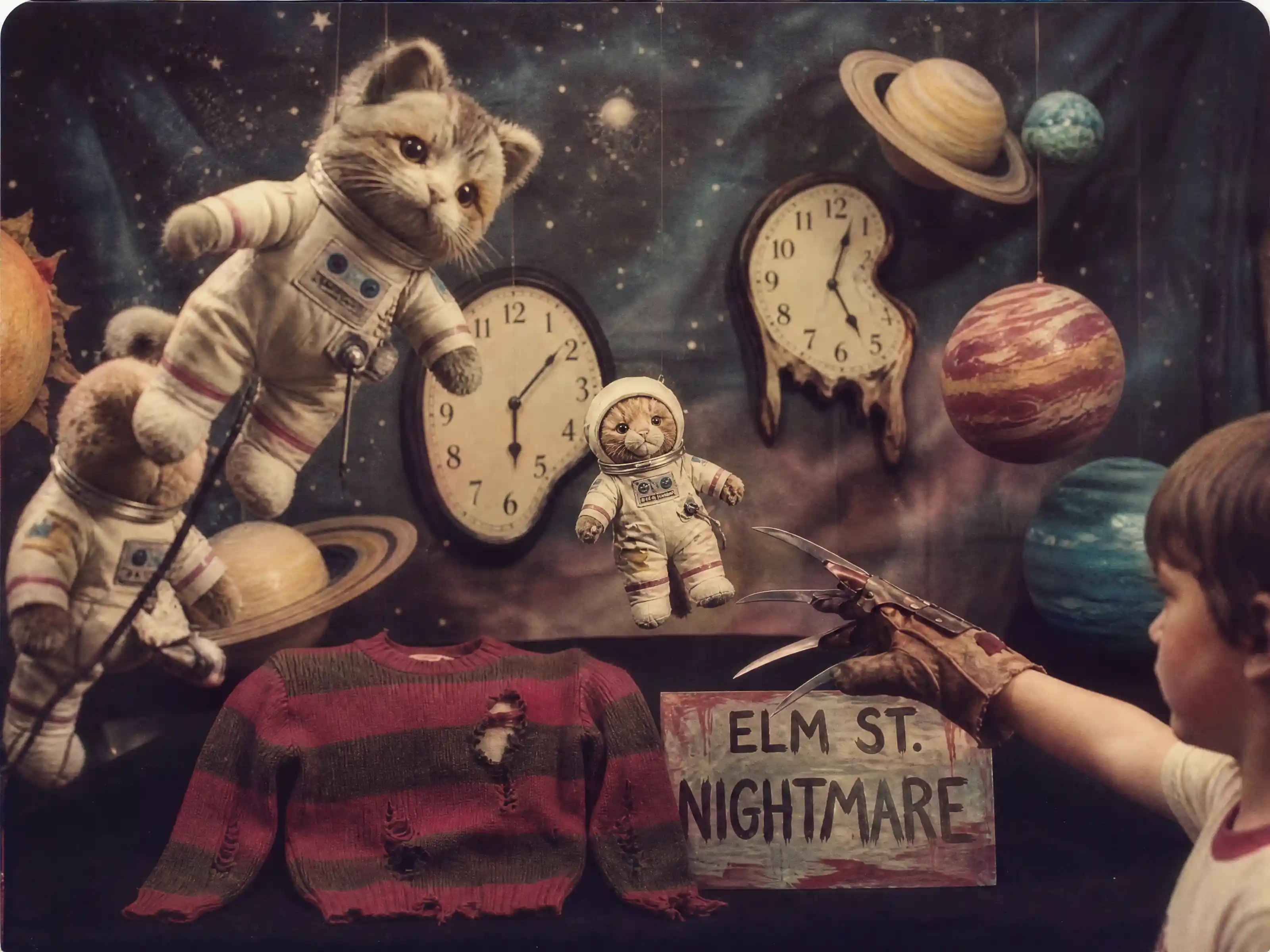 Vintage film style cats floating in surreal outer space