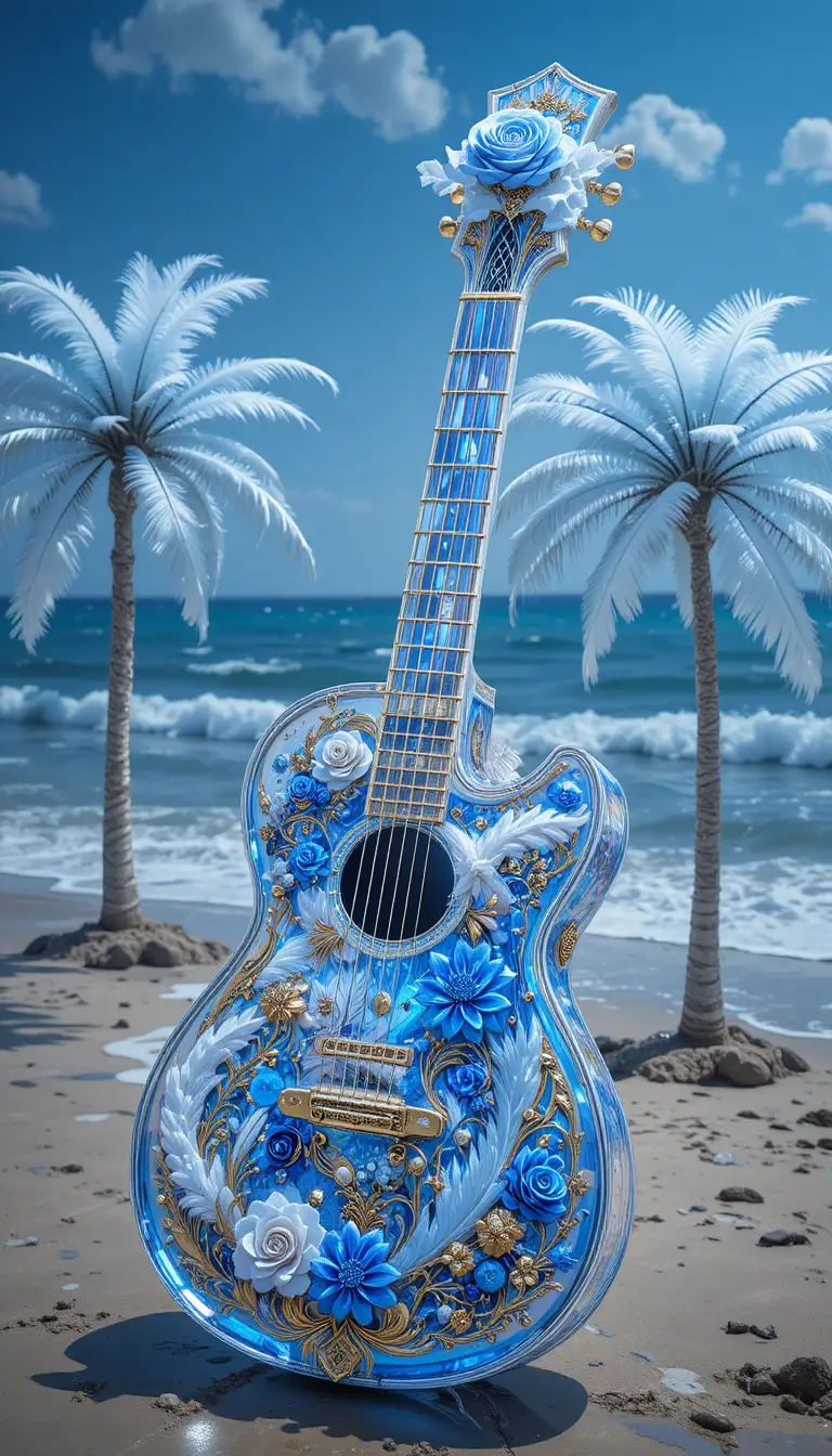 Crystal electric guitar with ocean backdrop and feathered details
