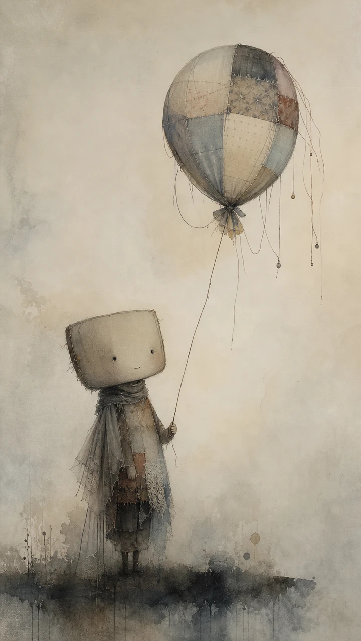 Surreal figure holding a delicate translucent patchwork balloon