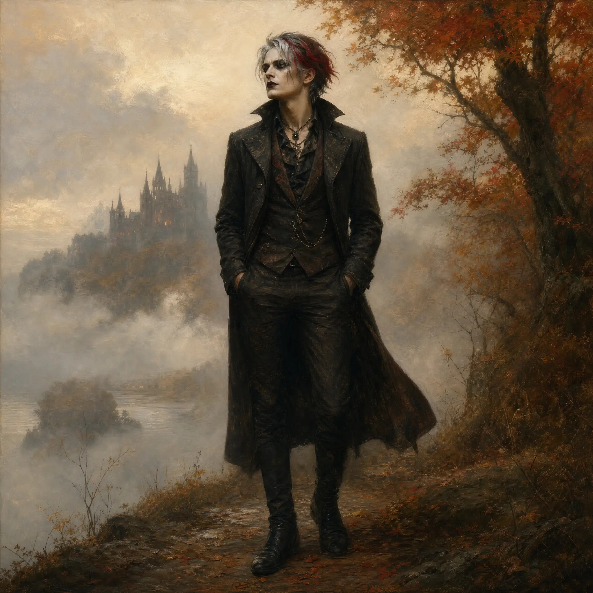 Gothic man in foggy autumn tones oil painting portrait