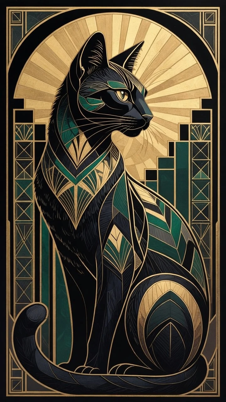 Art deco cat in profile with gold geometric background