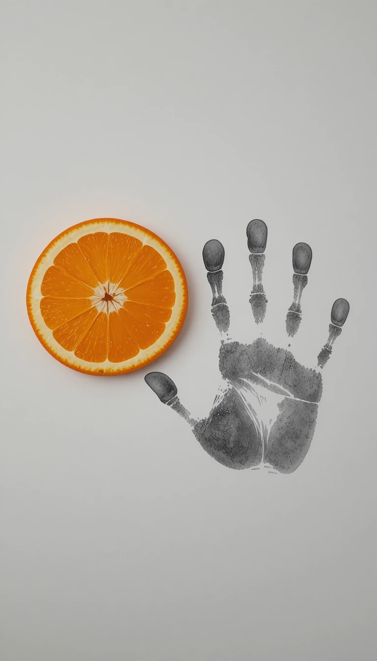 Bright orange slice and gray handprint on white background