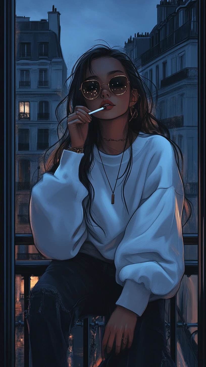 Young woman smoking on a Parisian balcony at night