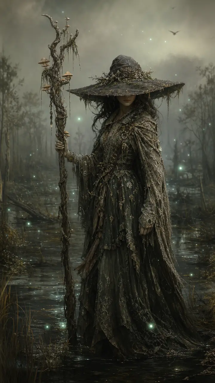 Mysterious woman with staff standing alone in misty marsh