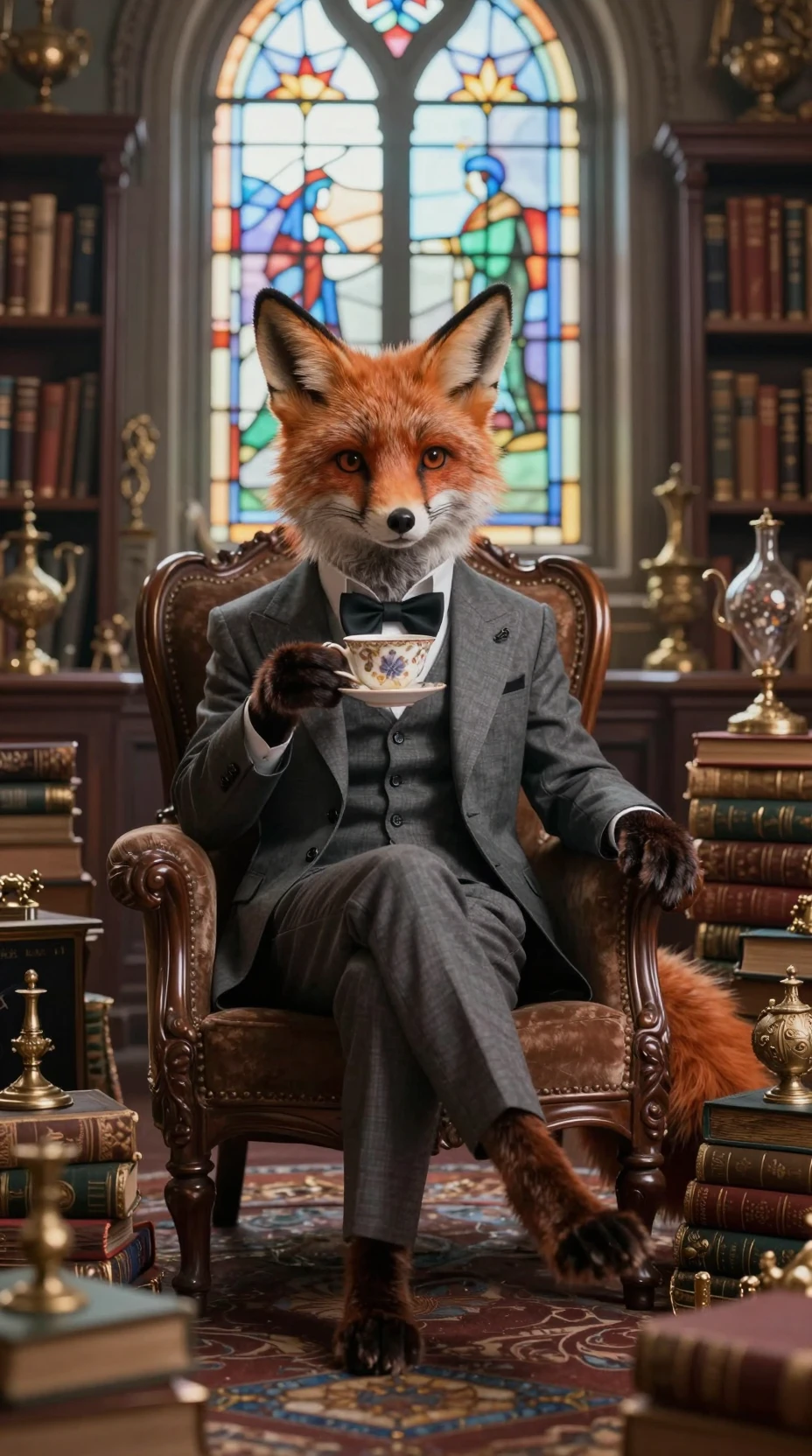 Anthropomorphic fox in a suit sipping tea in library