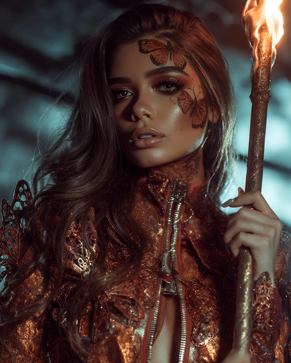 Eerie devilish woman with staff in dark fantasy closeup