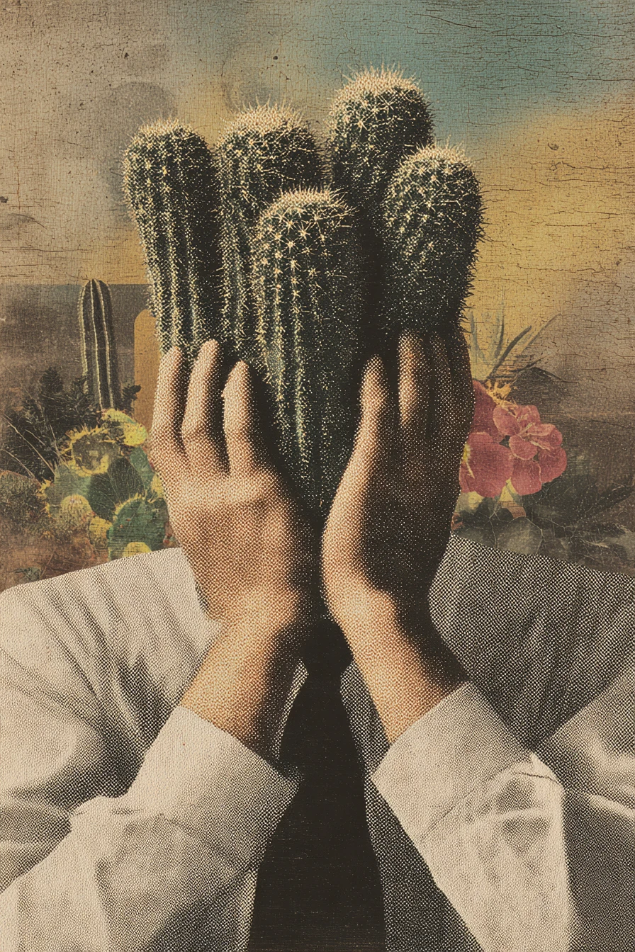 Angry cactus stomping and shouting in a surreal garden collage
