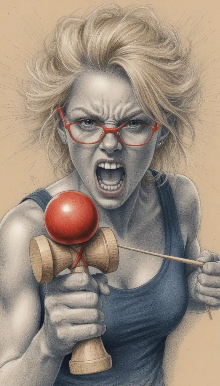 Angry blonde girl straining to master a wooden kendama toy