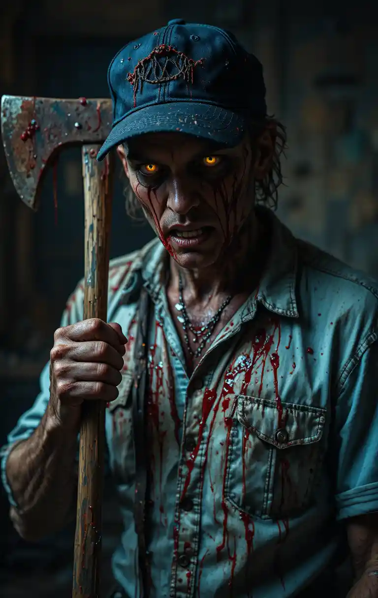 Bloodstained madman with axe in dim indoor scene