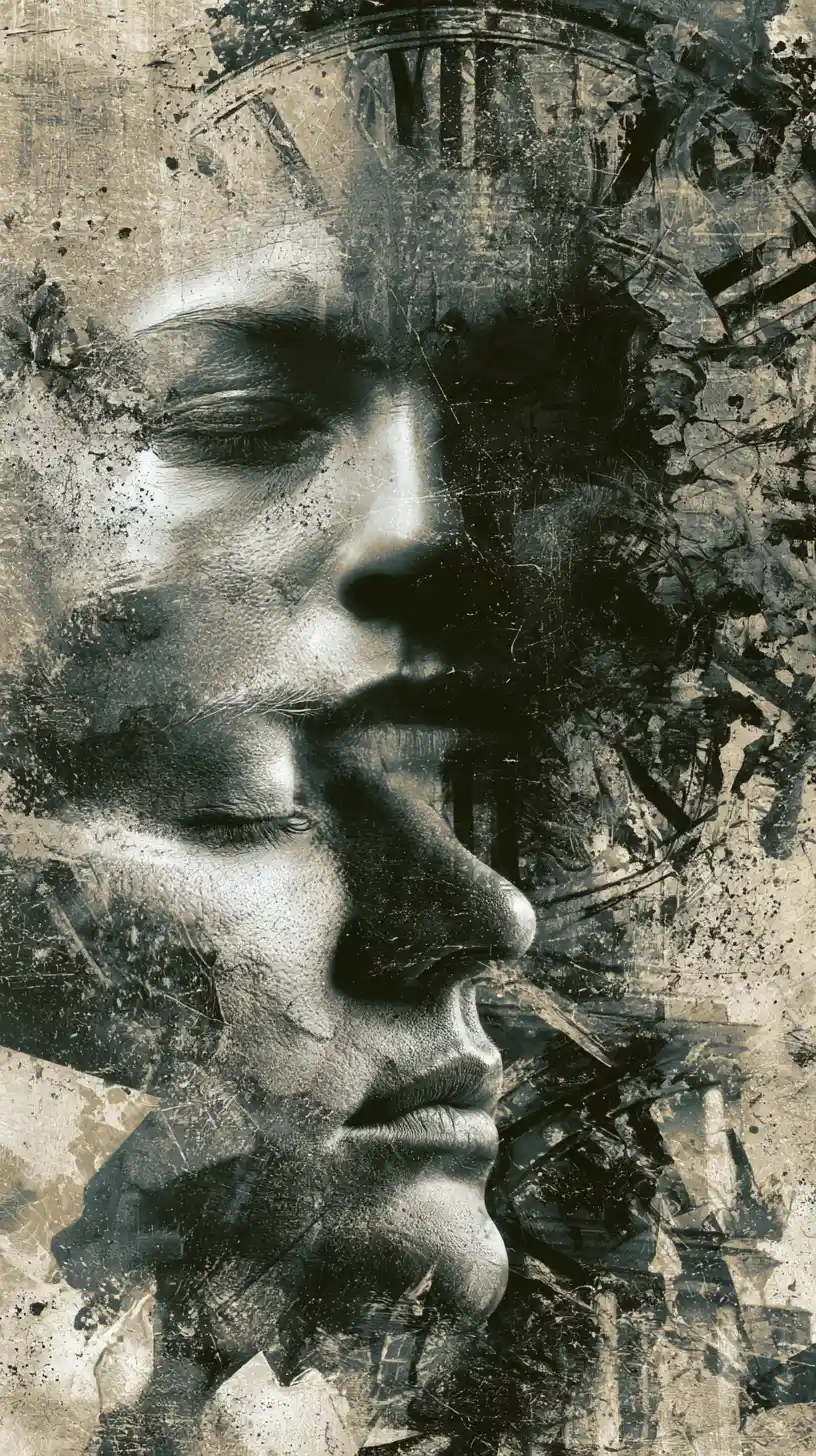 Abstract fragments drifting like ash in the dark