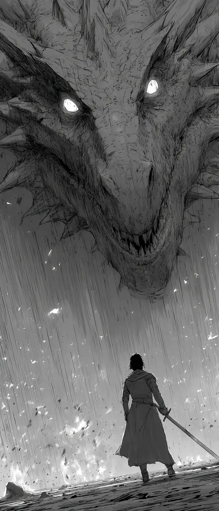 Lone anime warrior facing a colossal dragon overhead