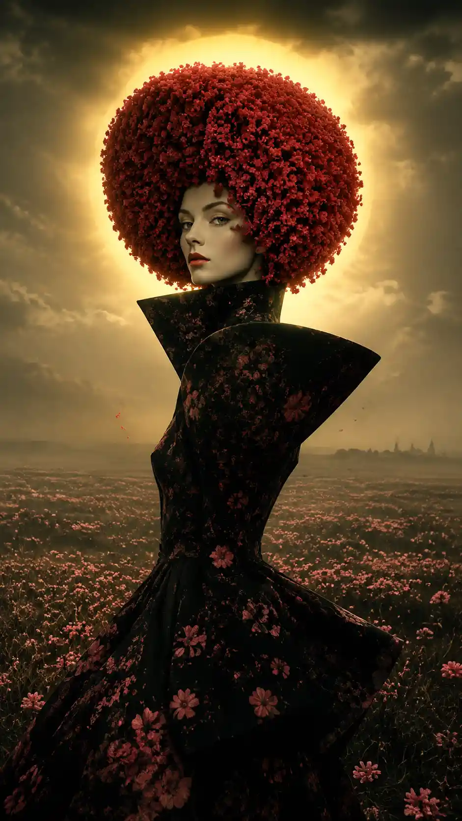 Stylized fashion portrait of a woman on a foggy prairie