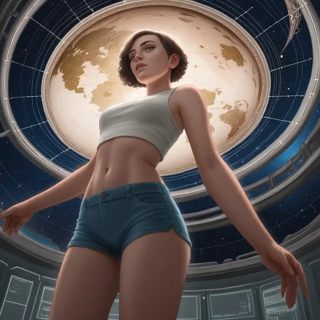 Young woman in celestial patchwork crop top indoors