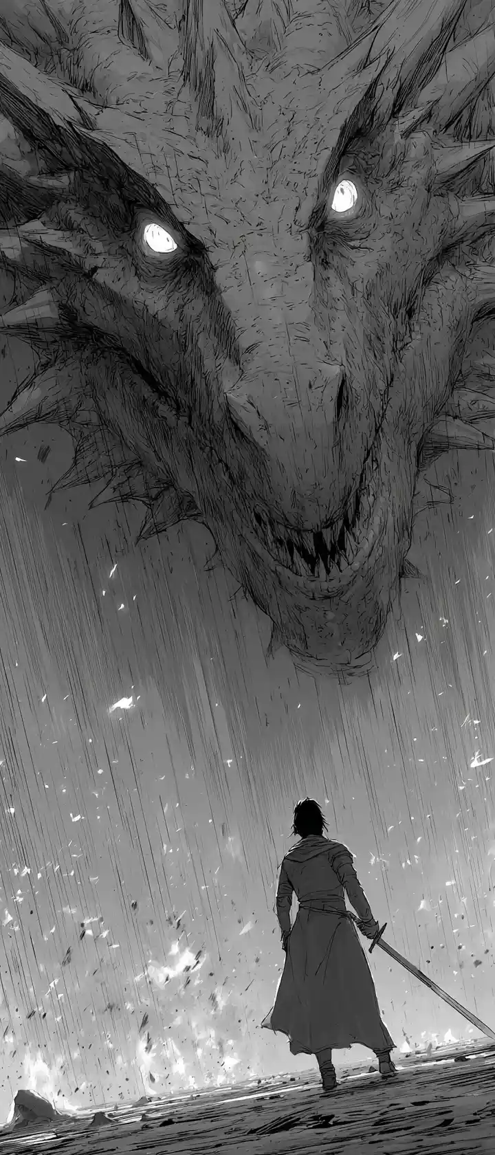 Lone anime warrior facing a colossal dragon overhead