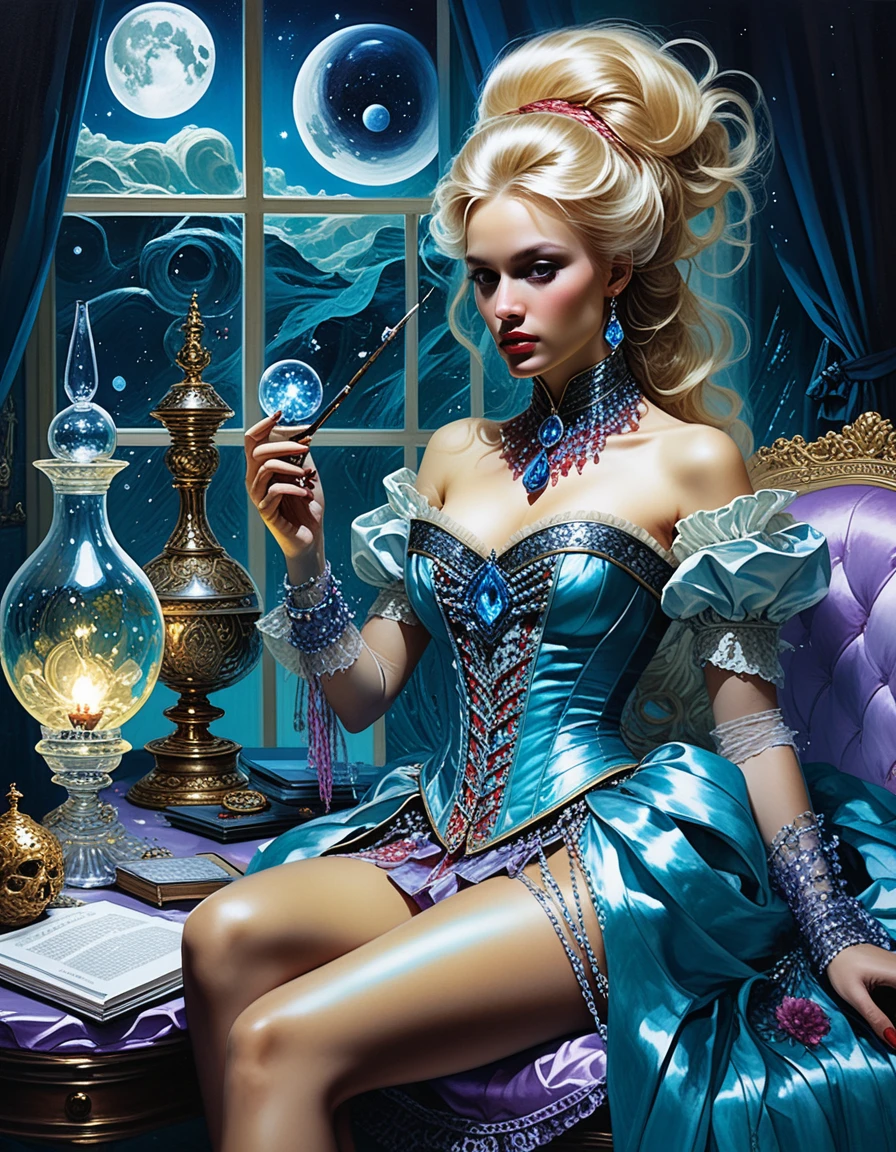 Blonde sorceress cataloguing glowing relics in opulent study