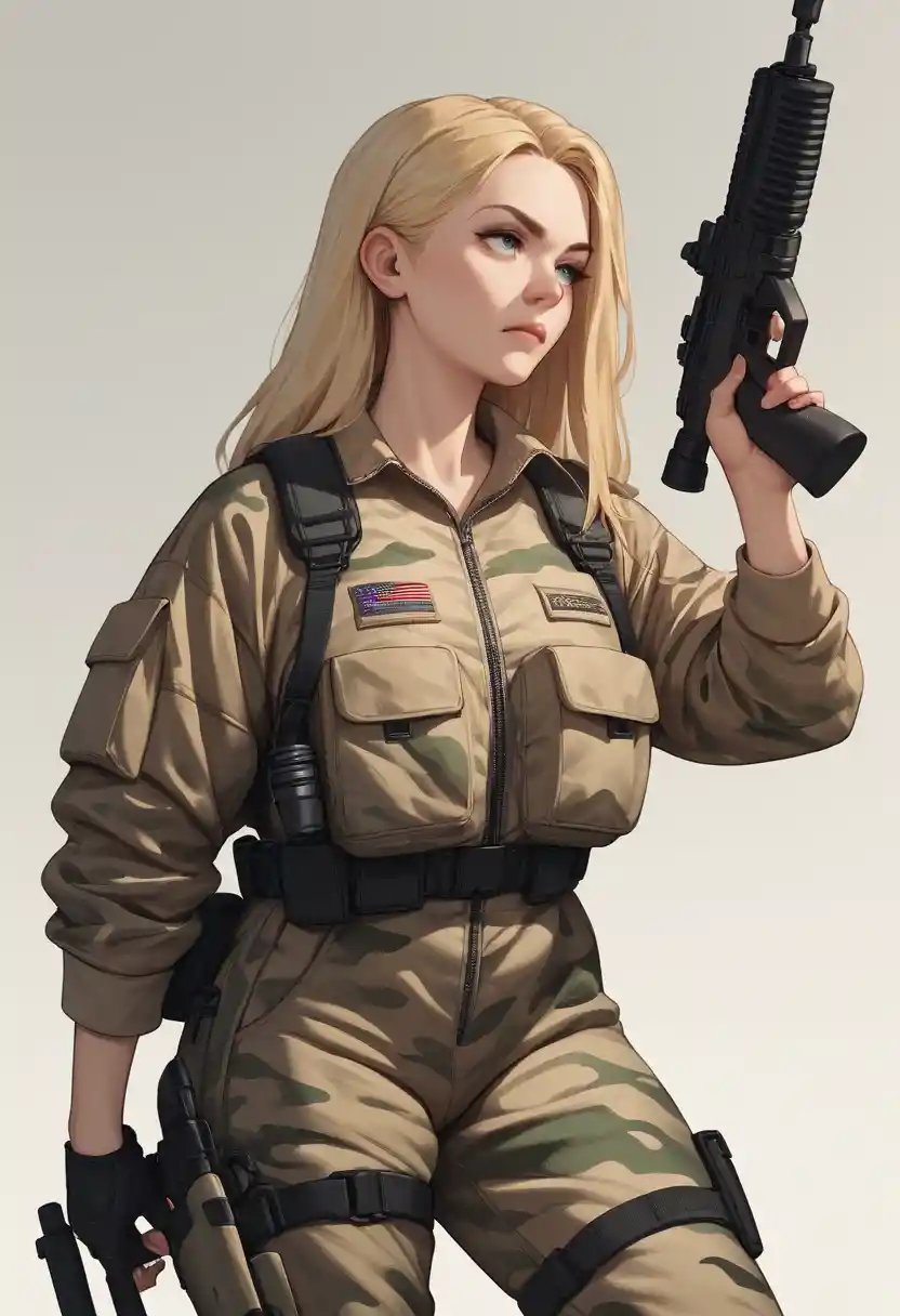 Girl with long blonde hair in camouflage holding paintball gun