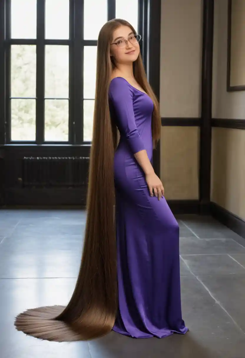Full body woman with extremely long silky hair in profile