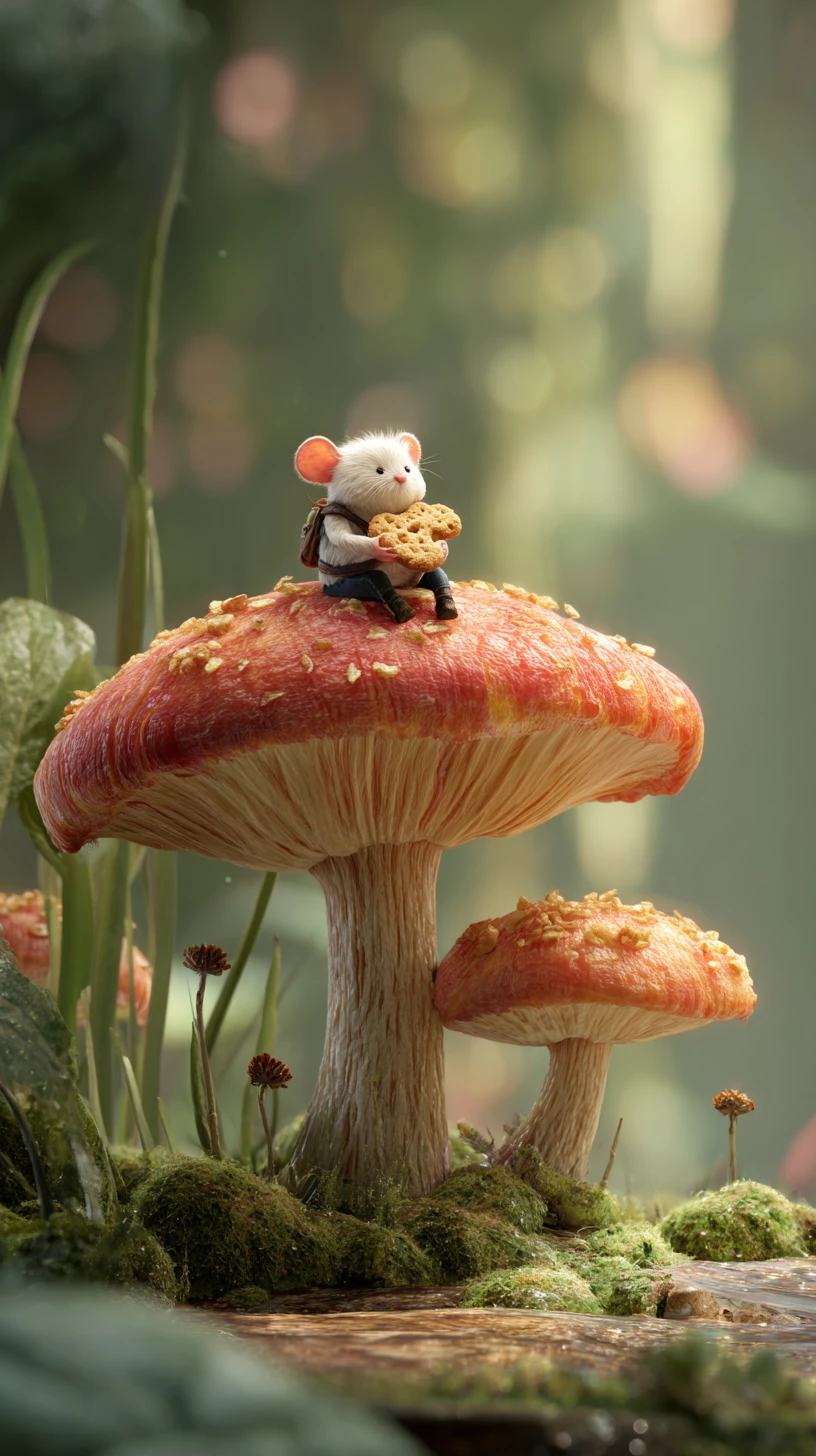Pequeña criatura fantástica sobre un hongo gigante en el bosque