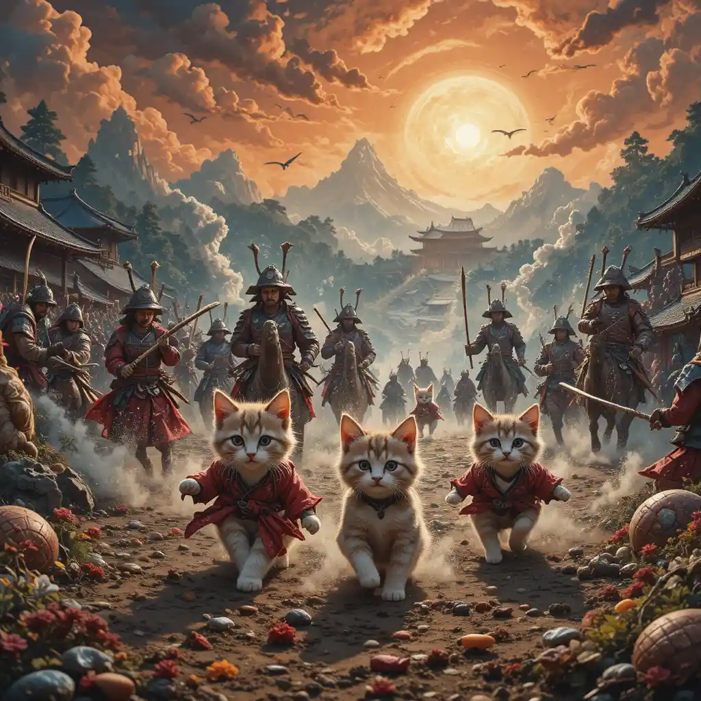 Famiglia di gattini samurai coinvolta in un’epica battaglia feudale