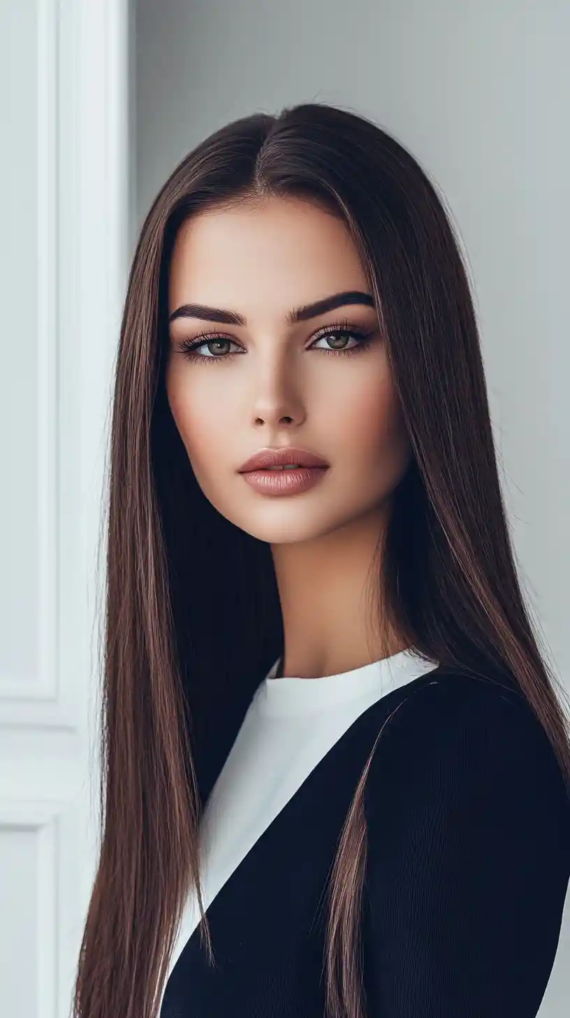 Serene glamorous woman portrait with sleek straight hair